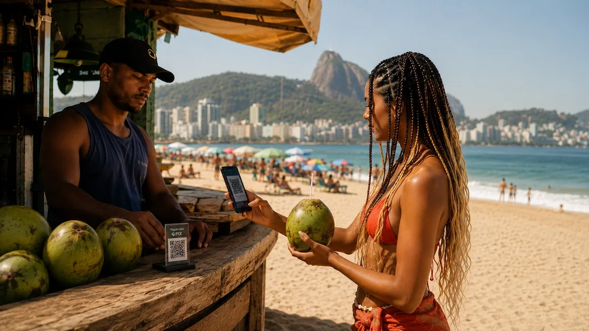 Paying for a coconut by Pix QR at a beach stand in Rio
