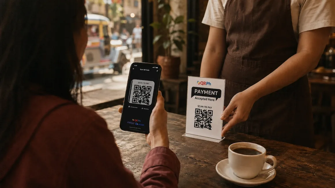 Scanning a QRPh table sign with a phone in a Manila cafe
